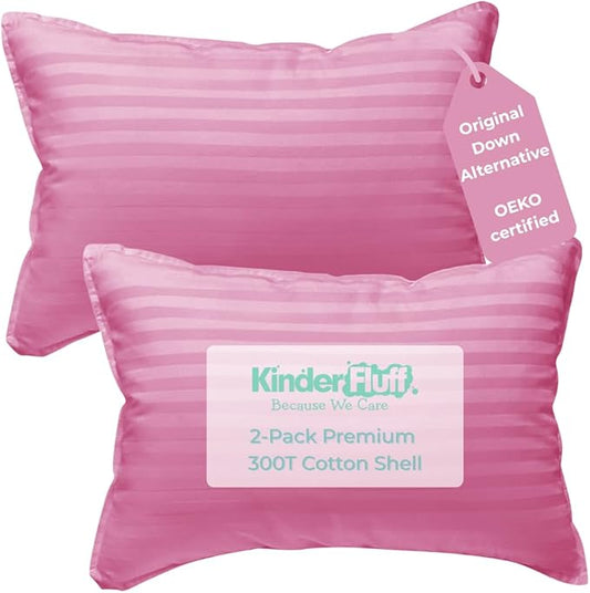 kinder Fluff Mini Toddler Pillow (2-Pack) 10x15in– Small Pillows for Kids - Hypoallergenic, Machine Washable & Lump Free - Intended for Toddlers 2+ Years- Pink- XS