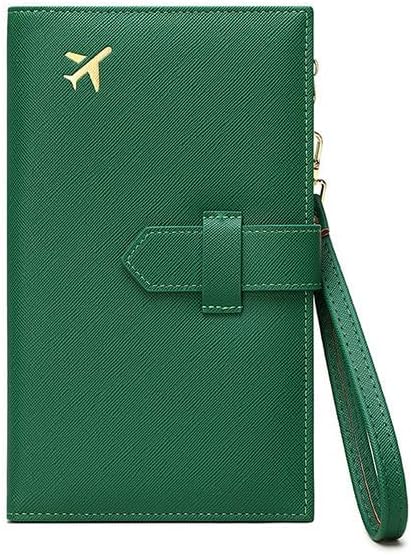 Waterproof Family Passport Organizer with RFID Blocking Genuine Leather Document Holder Card Slots Travel Wallet for Women Men Black (Green)