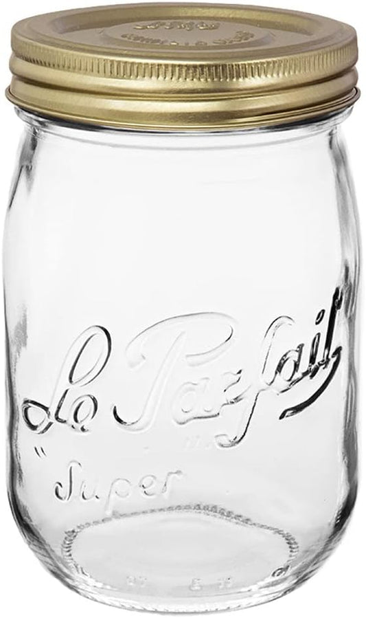 Le Parfait Screw Top Jar Wide Mouth French Glass Jar | Ideal for Food and Soup Storage, Canning, Flour, Brown Sugar, and other Baking Supplies (1L/32oz, Single, Gold)