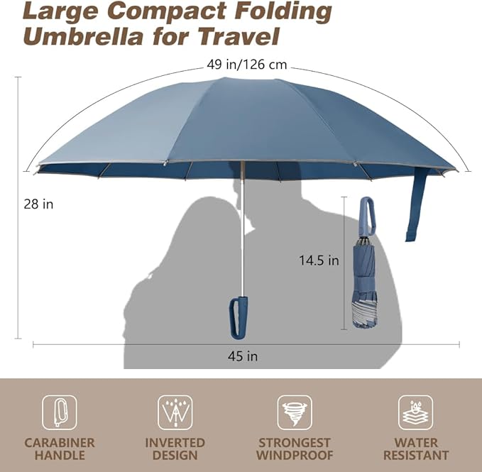 TOPSAIL 10 Ribs Inverted Umbrella with Carabiner Handle, Large Sturdy Folding Umbrellas Windproof for Rain & Sun, 49" Big Reverse Foldadble Umbrella for Travel Portable with Safe Reflective Strip, for Women Men