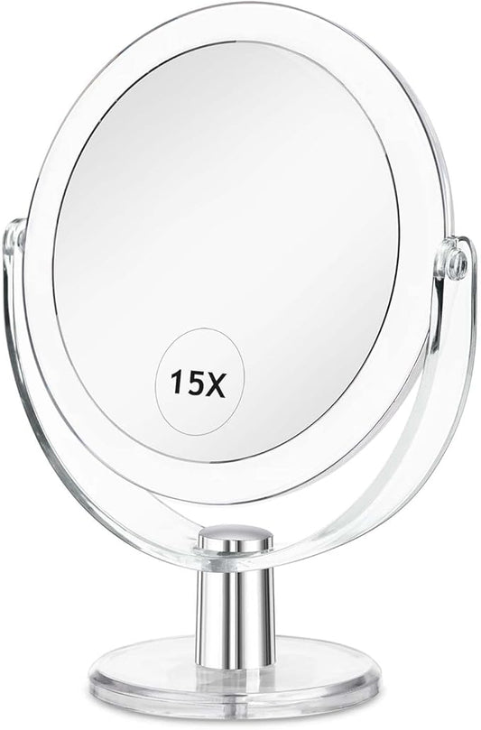 Vanity Makeup Mirror with Stand, 1X/15X Magnification Double Sided 360 Degree Swivel, Portable Table Desk Counter top Magnifying Mirror, Tabletop Mirror for Bedroom or Dorm Room, 6.25 Inch