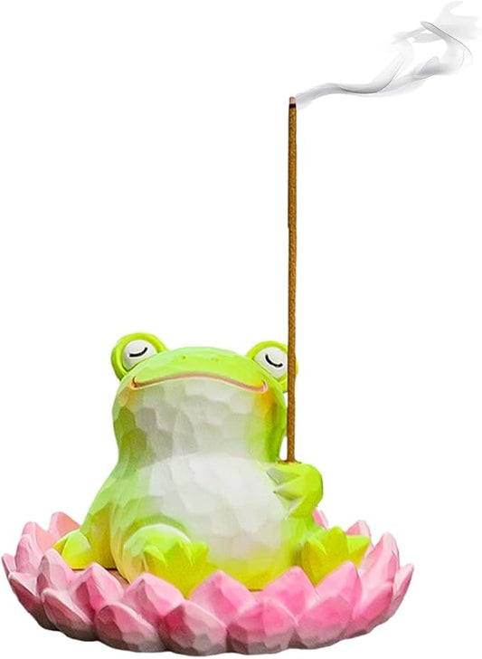 Frog Lotus Incense Holder Cute Animal Figurine Incense Burner Flower Stand Ash Catcher Creative Cartoon Resin Frog Statue for Home Room Decor Meditation Yoga Spa