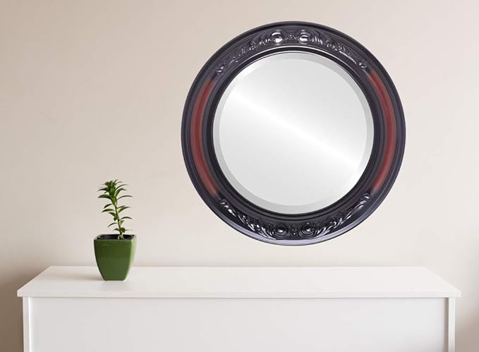 OVALCREST Round Beveled Wall Mirror for Home Decor - Florence Style - Rosewood - 28x28 Outside Dimensions