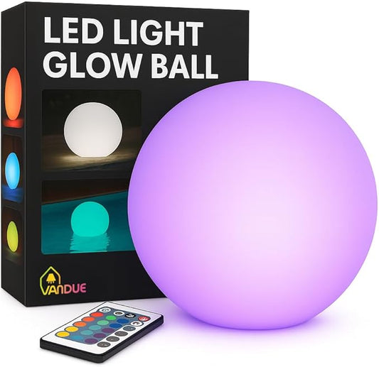 Vandue Color-Changing LED Light Ball – Rechargeable Glow Sphere with Remote – IP65 Waterproof RGB Night Light for Indoor/Outdoor, Pool, Garden, Party & Decor (8 Inch)