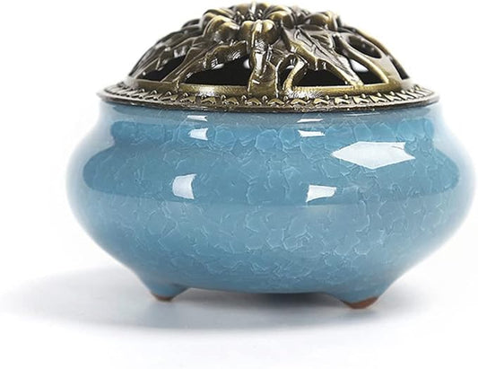 Ceramic Incense Burner, Ceramic Incense Burner with Lid, Cone Incense Burner, Cone Coil Incense Holder for Home Decor Yoga Spa Meditation(Blue)