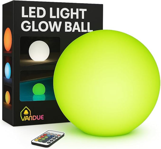 Vandue Color-Changing LED Light Ball – Rechargeable Glow Sphere with Remote – IP65 Waterproof RGB Night Light for Indoor/Outdoor, Pool, Garden, Party & Decor (14 Inch)