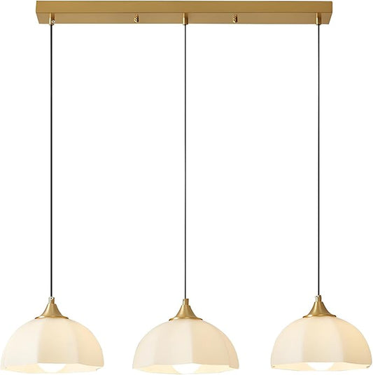 Modern 3 Light Pendant Lighting Gold Linear Dining Room Light Fixture Milk Glass Linear Chandelier Brass and White Pendant Lights Kitchen Island 3 Bulb Hanging Ceiling Light MPL17-3S GD