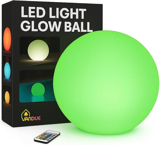 Vandue Color-Changing LED Light Ball – Rechargeable Glow Sphere with Remote – IP65 Waterproof RGB Night Light for Indoor/Outdoor, Pool, Garden, Party & Decor (16 Inch)