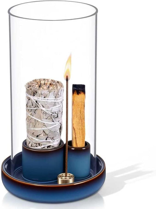 Incense Holder for Sticks with Glass Ash Catcher, Anti-Ash Flying, 4 in 1 Incense Burner Palo Santo Holder Insence-Stick Holder and Candle Holder for Burning Sage and Sticks for Burning