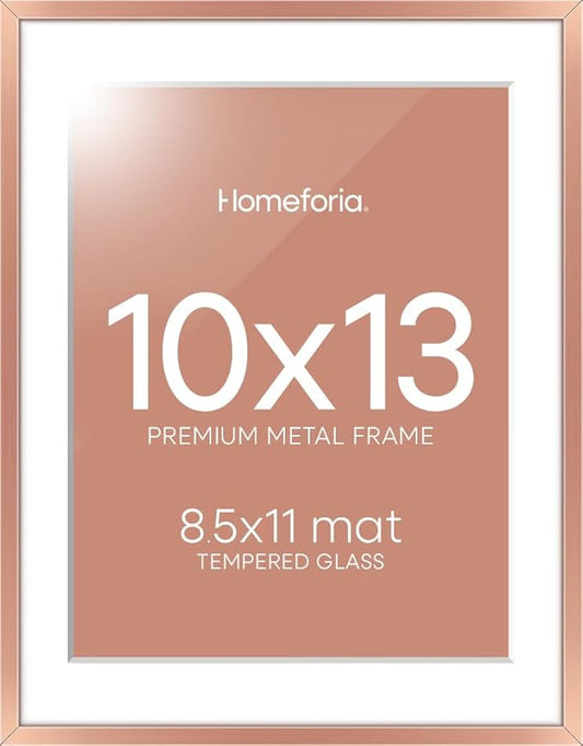 Homeforia 10x13 Picture Frame Rose Gold, High End Metal 10x13 Wall Hanging Frame with Mat 8.5x11, 10 x 13 Poster Frames Matted to 8.5 x 11 inch Photo, 10by13 Frames, Tempered Glass, Wall Kit, Set of 1