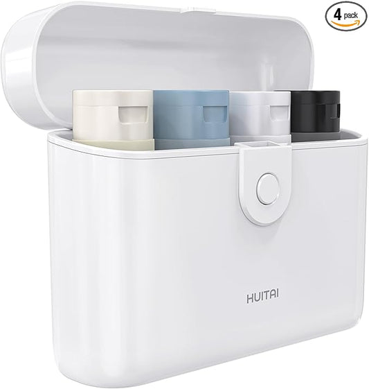 Travel Bottles with Case, 4x2oz TSA Approved, Leak-Proof, Press to Unlock, Compact & Portable Travel Toiletries (White)