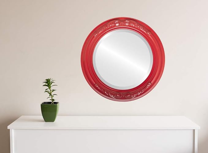 OVALCREST Round Beveled Wall Mirror for Home Decor - Florence Style - Holiday Red - 22x22 Outside Dimensions