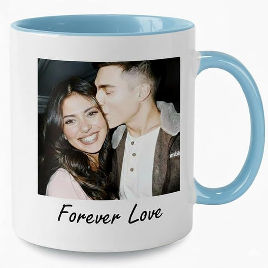 Custom Photo Coffee Mug, Personalized Forever Love Design Ceramic Cup for Anniversary Boyfriend Girlfriend Dishwasher Safe, 11oz (Sky Blue)