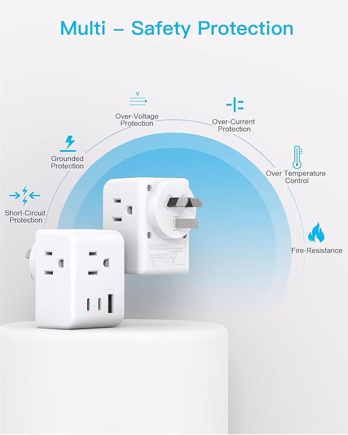 Australia New Zealand Power Plug Adapter, US to Australia Travel Adapter with 3 American Outlets 3 USB Ports (2 USB C), Type I Plug Adapter Travel Essentials for USA to Australia, Argentina, China