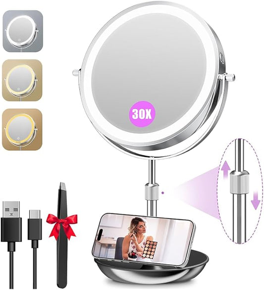 Auxmir 9" Large Lighted Makeup Mirror with Magnification, 1X/30X Double Sided Magnifying Mirror with Adjustable Height, Rechargeable Vanity Mirror with 3 Color Dimmable Lights, 360° Rotation