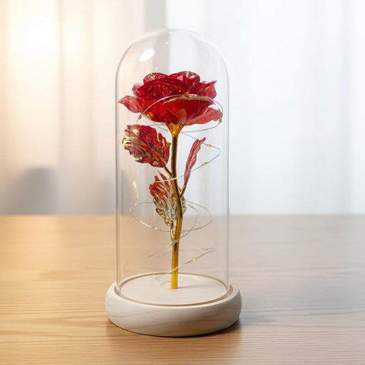 Preserved Fresh Flower in Glass Dome with LED Lights, Gold Stem Rose with Wooden Base, Romantic Home Decor Gift for Valentine's Day (A red rose as a gift for mom or a lover)