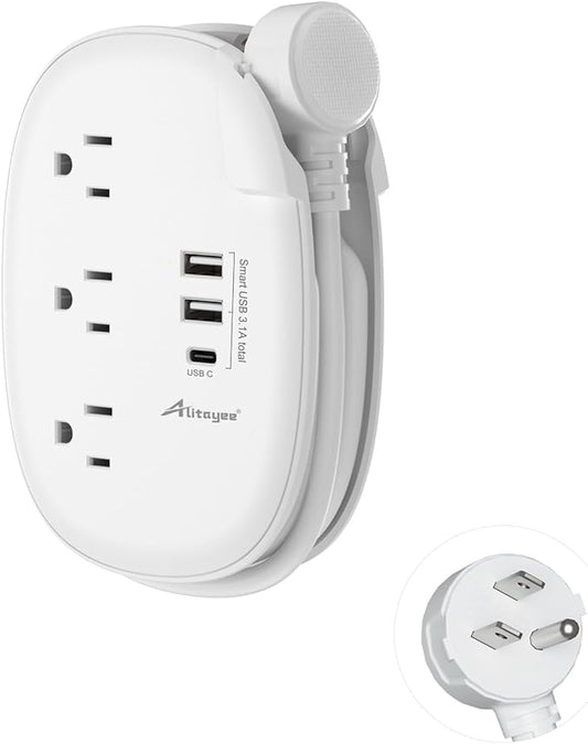 Alitayee USB C Travel Power Strip,Portable Power Strip with 3 Outlets 3 USB Ports Fast Charge, USB Extension Cord with Flat Plug and 4ft Wrapped Around Extension Cord for Cruise Travel Home Office