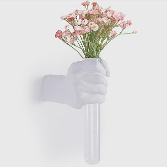 Unique Wall Sculptures, Hand Vases Home Decor, Wall Mount Art Sculpture, Unique Wall Art Statue, Funky Flower Vase Decorations, Modern Eclectic Hanging Decor,Glass Test Tube Vase (White)