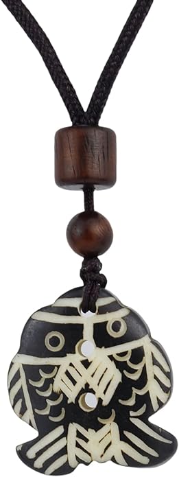 Handmade Black Bull Bone Pendant Necklace, Traditional Tribal Design, Wooden Beads, Adjustable Braided Rope, 24 Inch, Surfer Style