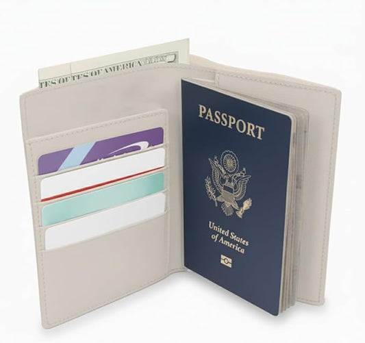 WANDERINGS Leather Travel Wallet with Passport Holder - 5.5" x 4" - Genuine Leather Case with RFID Blocking for Men and Women - Folding Wallet for Passports - Oat Color