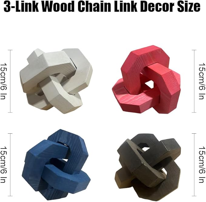 Wood Knot Chain Link Decor,6 in 3 Link Wood Knot Decor,Single or Double Links Hand Carved Decorative Links Knots Accents for Coffee Table,Bookshelf,Entryway Desk,Shelves (Single-White)