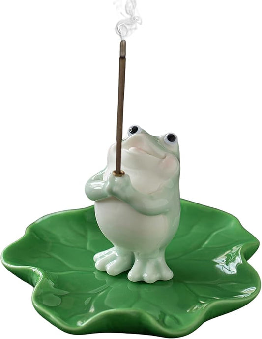 Frog Incense Holder for Sticks, Ceramic Incense Holder Cute Frog Figurines Incense Stick Holder, Insence-Sticks Burner Incense Burner Holder for Yoga Meditation Home Office Decor (with Ash Catcher)
