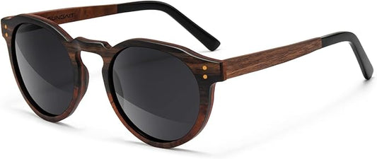 SUNGAIT Black Oak & Dark Ebony Wood Sunglasses Womens Polarized Round UV400 Protection Retro Vintage Gift-ready Case Included
