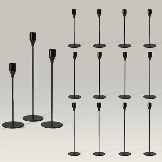 Solid Taper Candle Holders Set of 15 Bulk, Modern Matte Black Long Skinny Candlestick (Heights: 9/11/13 Inch), Heavy Iron Anti-Slip Base for Modern Fireplace Mantle Table Centerpiece Decor