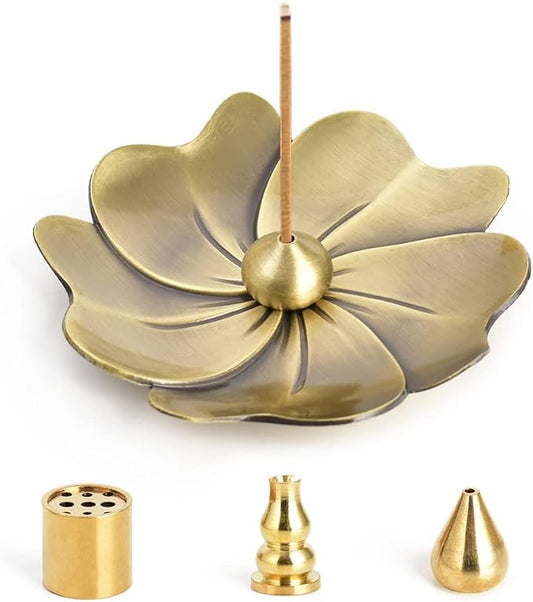 Sakura Flower Incense Holder, 5PCS Bronze Incense Burner Holder with Silk Pouch, Two Styles Drop-Shape, Cylinder Multihole and Gourd-Shape Ash Catcher Yoga Room Bedroom Home Fragrance