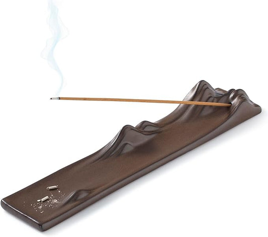 Ceramic Incense Stick Holder - 9.2" Long Mountain Range Incense Burner, Modern Zen Ash Catcher for Home Decor, Meditation & Yoga, Porcelain Fragrance Accessory for Office, Living Room & Spa (Brown)