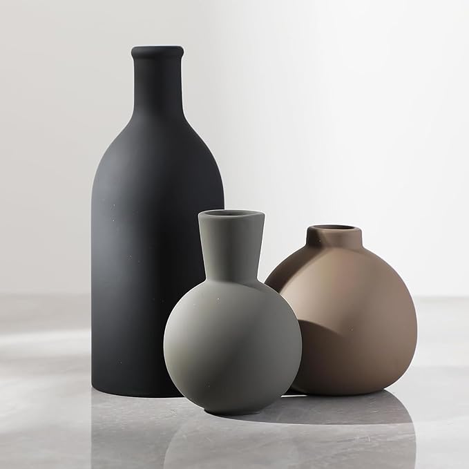 Ceramic Vase Set of 3, Vases Home Decor, Neutral Rustic Modern Farmhouse Decor, Pottery Vases for Pampas Grass Dried Fresh Flowers, Living Room Kitchen Bedroom Bathroom Entryway Mantel Shelf (Black)