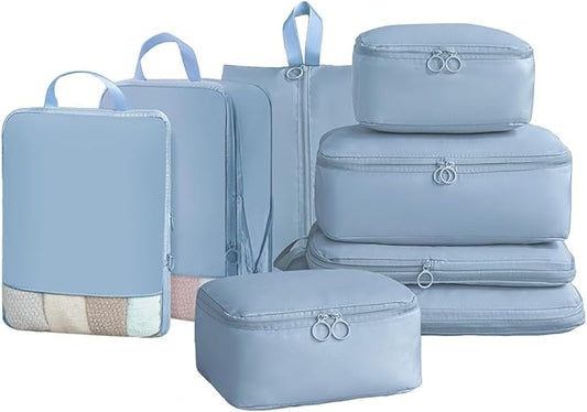 8-Piece Travel Compression Packing Cubes Set - Luggage Organizers for Suitcases - Space Saving Storage Bags for Clothes Travel Essentials (Light Blue)