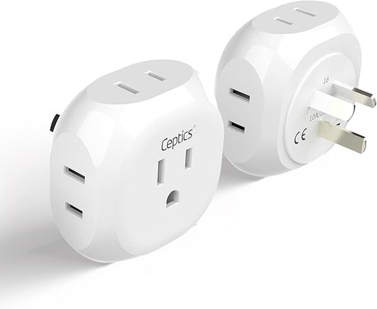 Ceptics Australia, New Zealand, China Travel Plug Adapter - 4 Input - Ultra Compact - Light Weight - USA to Any Type I Countries Such as New Zealand and More - 2 Pack (PT-16), White