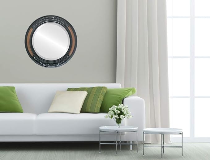 OVALCREST Round Beveled Wall Mirror for Home Decor - Florence Style - Walnut - 34x34 Outside Dimensions