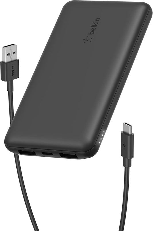 Belkin Portable Charger - 15W 3 Port Power Bank Battery Pack with 10000mAh Battery - Fast Charging for iPhone, Samsung Phone, More - USB C to A Cable Included