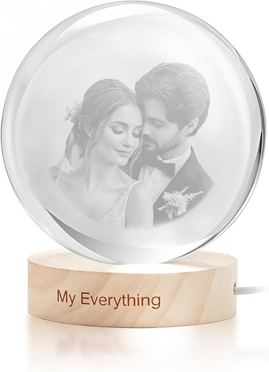 Custom 3D Crystal Photo Night Light Personalized Photo Crystal Ball Engraved Picture Lamp with Wood Base Memorial Gift for Pets Family Couple Birthday Valentine's Day (Style 2)