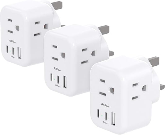US to UK Plug Adapter 3 Pack, Addtam Type G Travel Plug with 3 Outlets 3 USB Ports(2 USB C), UK Power Adaptor for USA to England London British Ireland Scotland Dubai Hong Kong Kenya