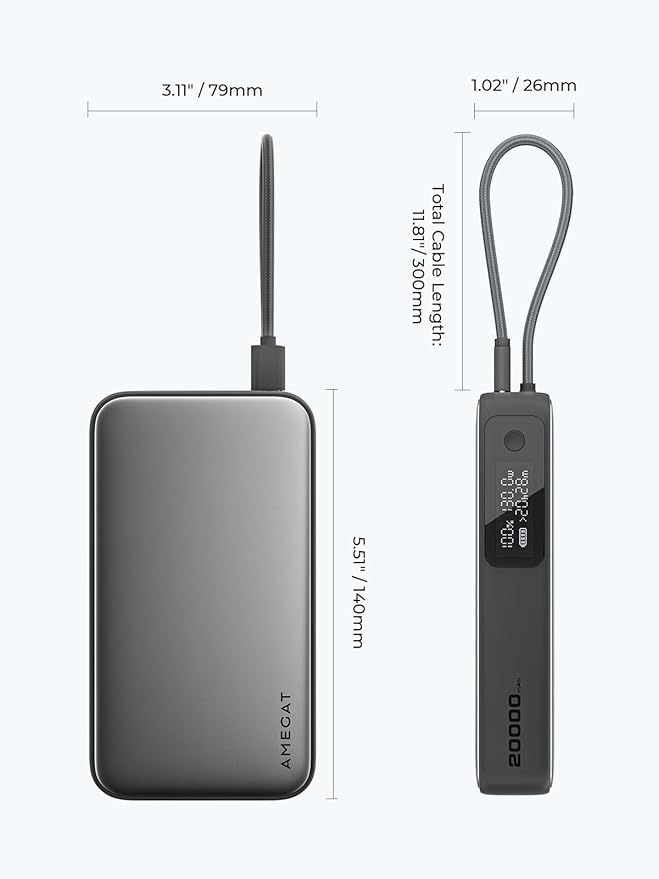 Portable Charger 20000mAh, 100W PD Fast Charging Power Bank with Built-in USB C Cable Smart Digital Display Laptop Battery Pack for MacBook, iPad, iPhone, Samsung, Steam Deck and More