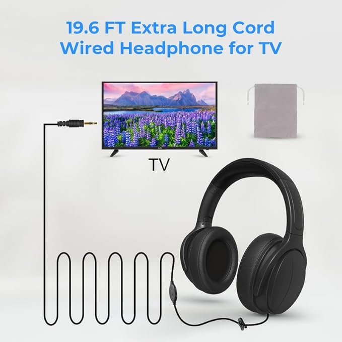 Extra Long Cord Wired Headphone for TV and PC for TV Watching for Seniors with Volume Control Wired Headphones with Long Cord Length Universal 3.5mm AUX Audio(19.6FT)
