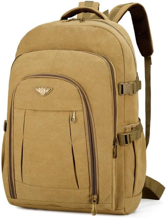 Men's Canvas Travel Backpack, Large 50L Hiking Daypack with Multiple Compartments, Heavy Duty Rucksack, Brown(50L)