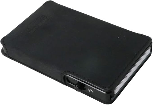 Double Oak Essentials SLIM Leather Pop-up Wallet — Removable Cardholder Design with Locking Mechanism - RFID Blocking, Top Grain Cowhide Leather (Midnight Edition)