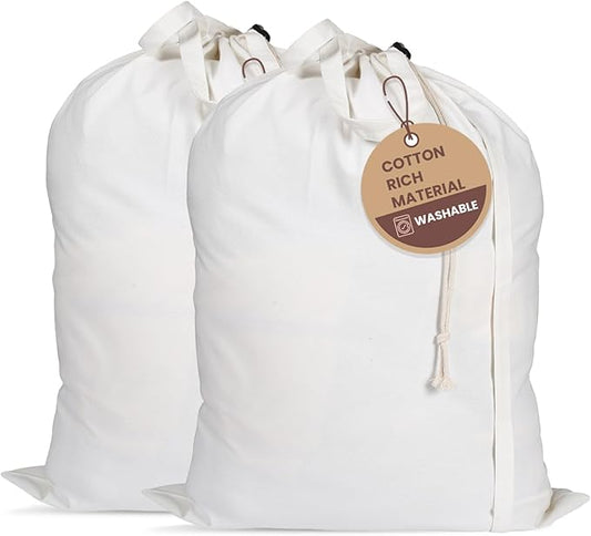 LFH Home Cotton Canvas Large Laundry Bag with Handle, Heavy Duty Drawstring Closure Washable Laundry Bags, School Travel, Home, Hotel, College Dorm, Organizer Sack, Toy Clothes 28x36 (Pack of 2)-White