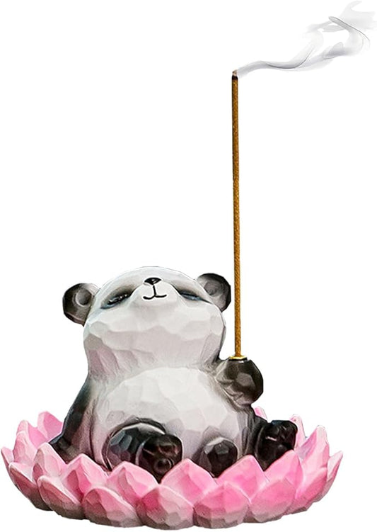 Lotus Panda Incense Holder Cute Animal Figurine Incense Burner Flower Stand Ash Catcher Creative Cartoon Resin Panda Statue for Home Room Decor Meditation Yoga Spa