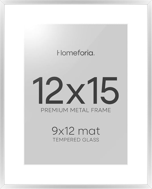 Homeforia 12 x 15 Picture Frame Silver, High End Metal 12x15 Poster Frames with Mat 9x12 Photo, 12 x 15 Silver Frame Matted to 9 x 12 in Print, 15by12 Hanging Frame, Tempered Glass, Wall Kit, Set of 1