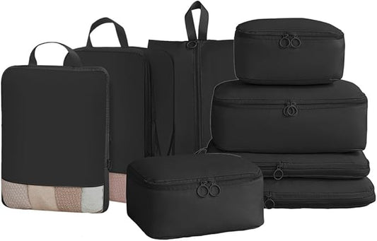 8-Piece Travel Compression Packing Cubes Set - Luggage Organizers for Suitcases - Space Saving Storage Bags for Clothes Travel Essentials (Black)