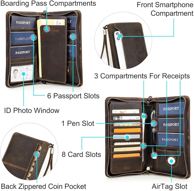 CONTACTS Full Grain Leather Family Passport Holder for 6 Travel Airtag Passport Wallet RFID Blocking Passports Organizer 3 Layer Design Fit 6 Passports, 8 Cards