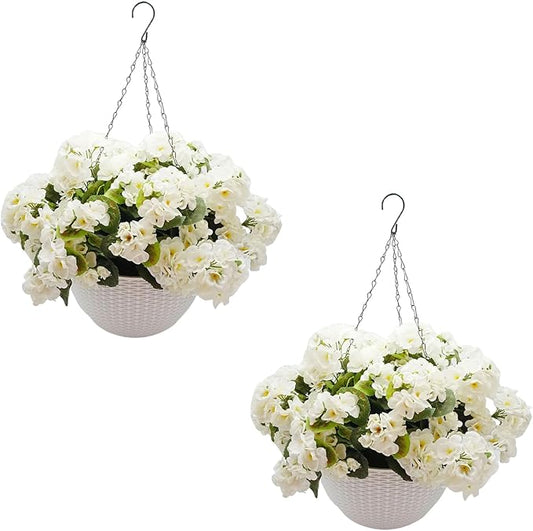 Hanging Planters with Plant Hangers for Indoor Outdoor Decor 2 Pack Artificial White Geranium 26CM Half-Round White Plastic Hanging Baskets with Durable Iron