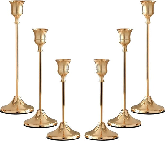 Taper Candle Holders, Tall Vintage Metal Candlestick Holders, 6 PCS Brass Gold Candle Sticks Holders for Home Decor Table Centerpiece Wedding Housewarming Festival, Rose Gold, 2 Sets (6 pcs)