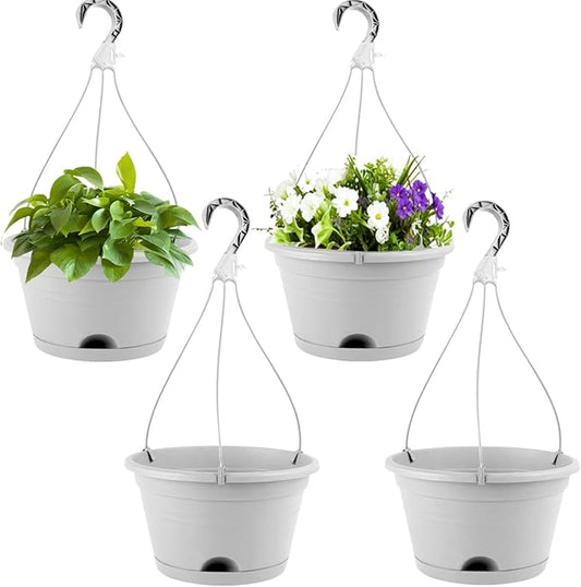 4 Pack Hanging Planters, 10 Inch Hanging Plant Pot with Hanger Chain & Drainage Trays, Hanging Baskets for Plants Outdoor Indoor, Flowers Pots for Home, Garden, Porch Decor (Grey)