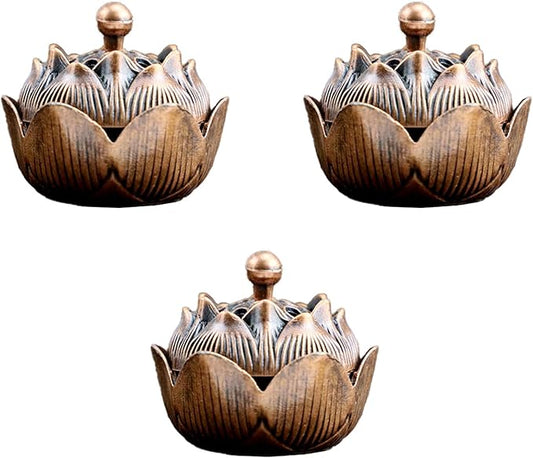 3 PCS Vintage Lotus Incense Holder for Stick and Cone Incense - Classical Brass Incense Burner Holder with Ash Catcher, Antique Censer for Home, Office, Meditation & Feng Shui Decor (Russet Bronze)
